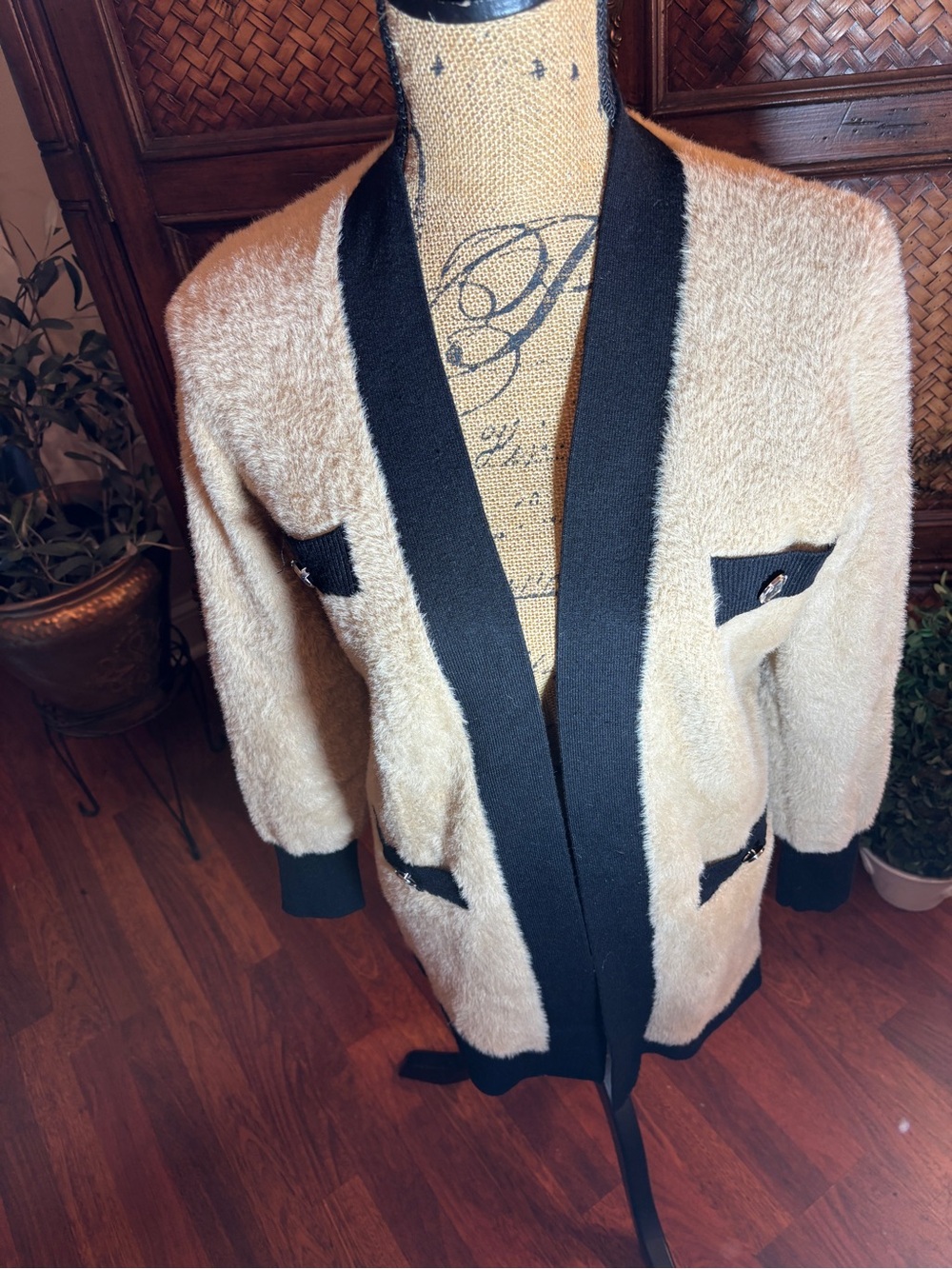 Rachel Zoe Beige Teddy Jacket with Black Trim